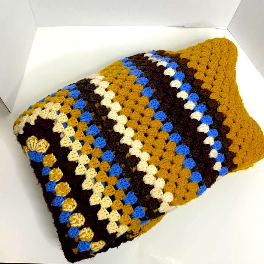 Vintage Crochet Knitted Throw Blanket | Mustard Yellow Blue & Brown Decor Colors - Picture 1 of 8